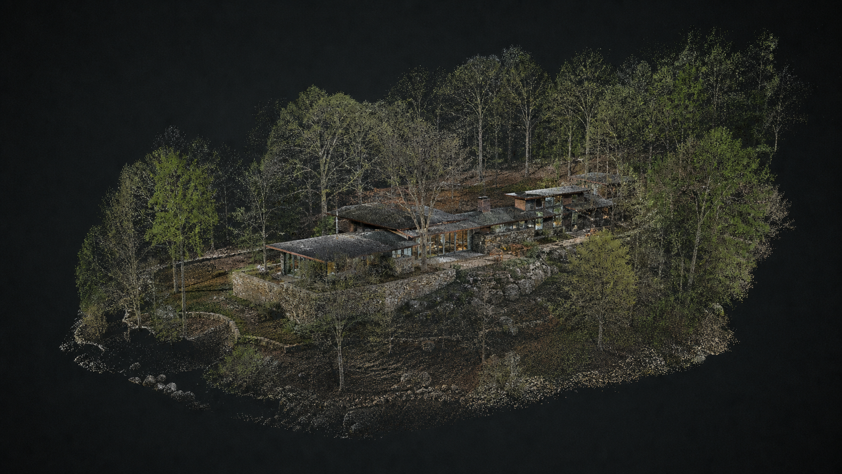 Conceptual LiDAR point-cloud study of a contemporary residence and wooded site