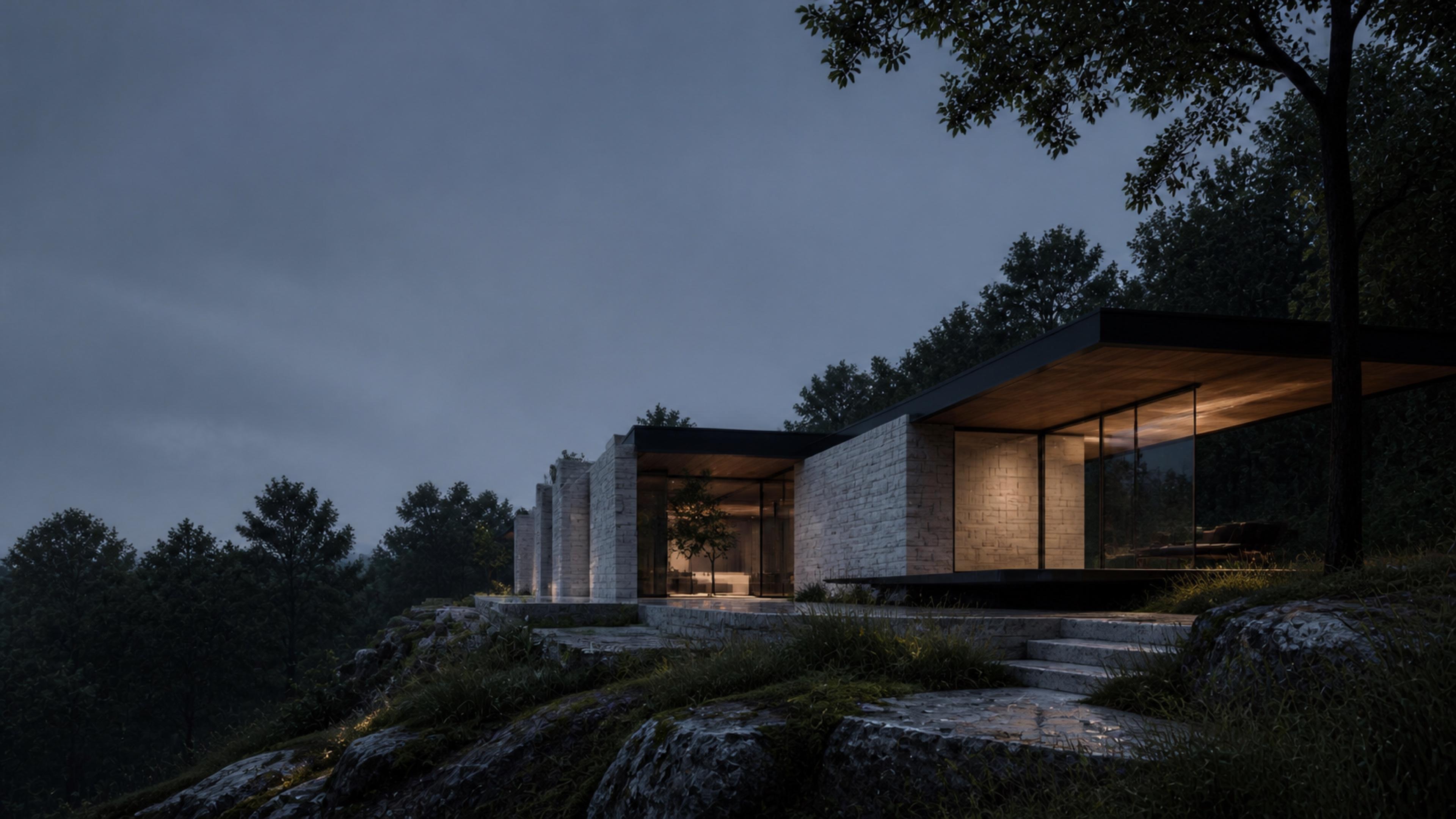 Conceptual limestone and glass residence at dusk