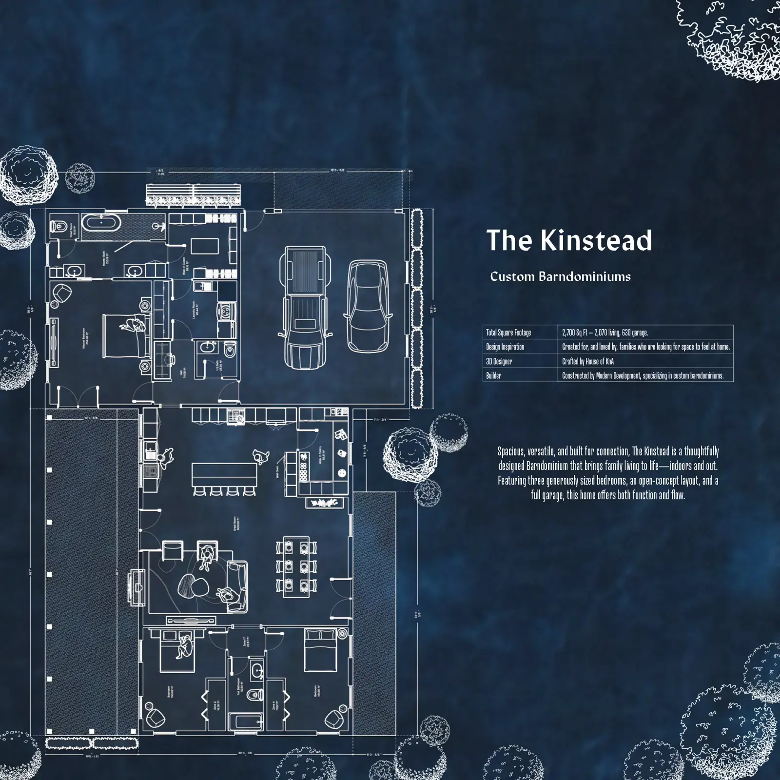 Kinstead barndominium floor plan and exterior rendering