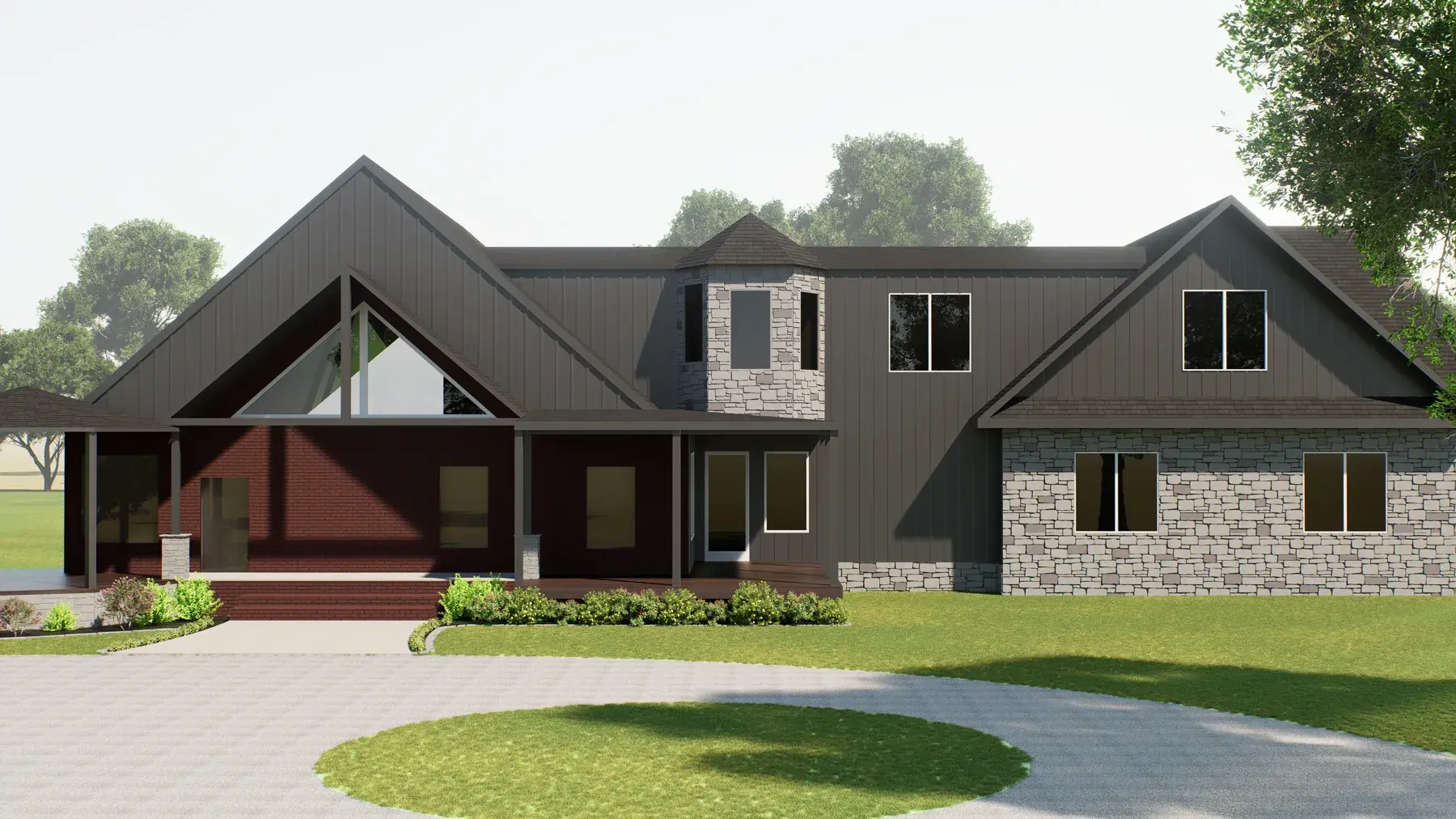 Residential addition concept with dark gables and stone base