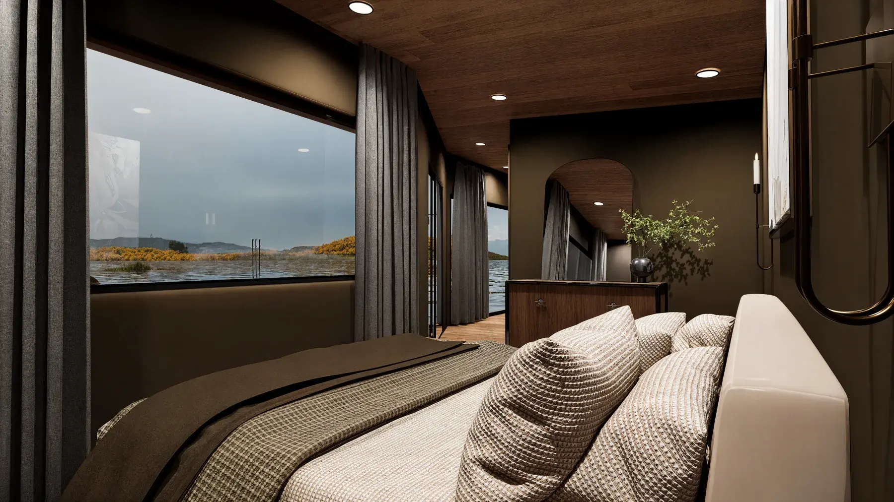 Lake house interior view toward the water through full-height glazing