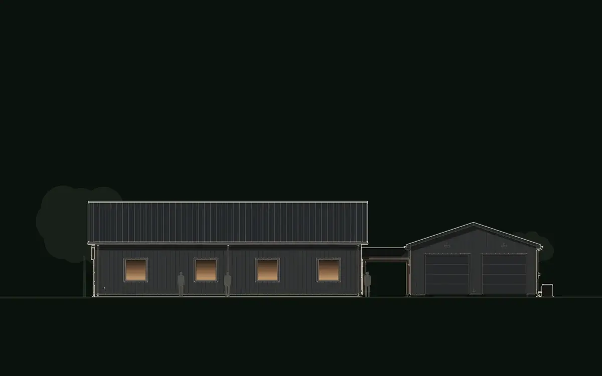 Front elevation drawing of Crosswind: a long graphite metal house under a dark 4:12 standing-seam roof, an open breezeway and a two-car garage gable. Crosswind, a barndominium plan by House of KNA.