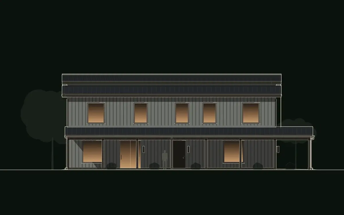 Front elevation drawing of Haycrest: a two-story house in light gray vertical metal under a charcoal standing-seam roof with a raised monitor, with a deep porch across the front and turning the east corner. Haycrest, a barndominium plan by House of KNA.