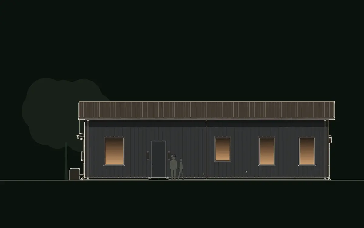 Front elevation drawing of Stillwater: the long dark metal gathering bar under a low standing-seam roof, with the entry door and four tall windows. Stillwater, a courtyard barndominium plan by House of KNA.