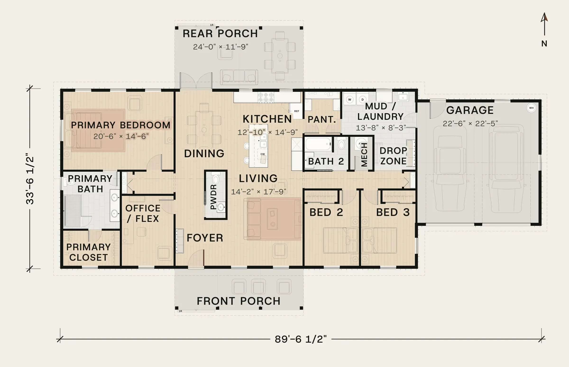 Floor plan of The Stones: 2,234 sq ft, 3 bedrooms, 2.5 baths, 89'-6 1/2" wide by 33'-6 1/2" deep. Numbered dots mark the 360 views.