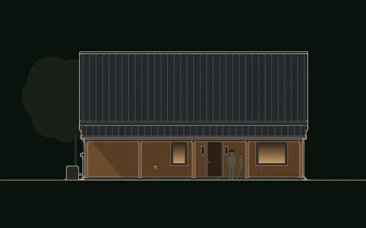 Front elevation drawing of Switchgrass: a long porch of warm wood siding under a broad, dark 8:12 standing-seam roof. Switchgrass, a barndominium plan by House of KNA.