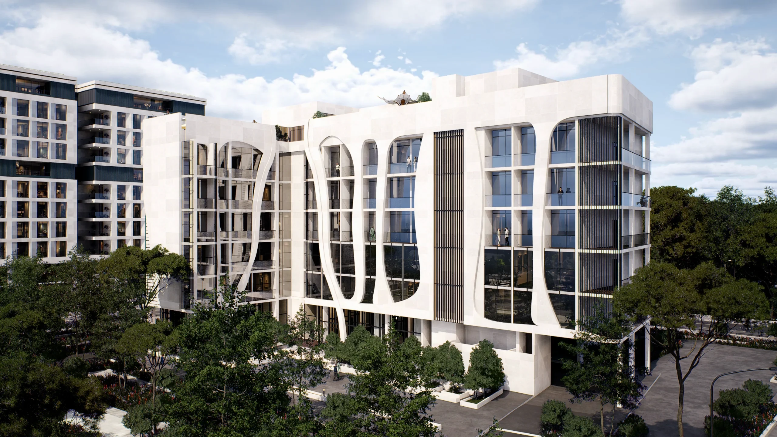 Retreat hotel with a sculpted white facade beside residential towers