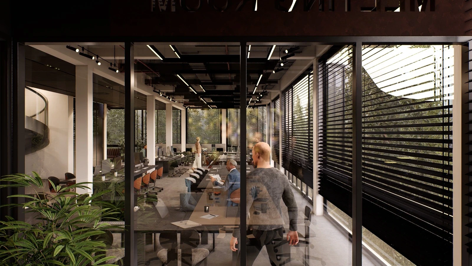 Glass conference room and open workspace in the office demo
