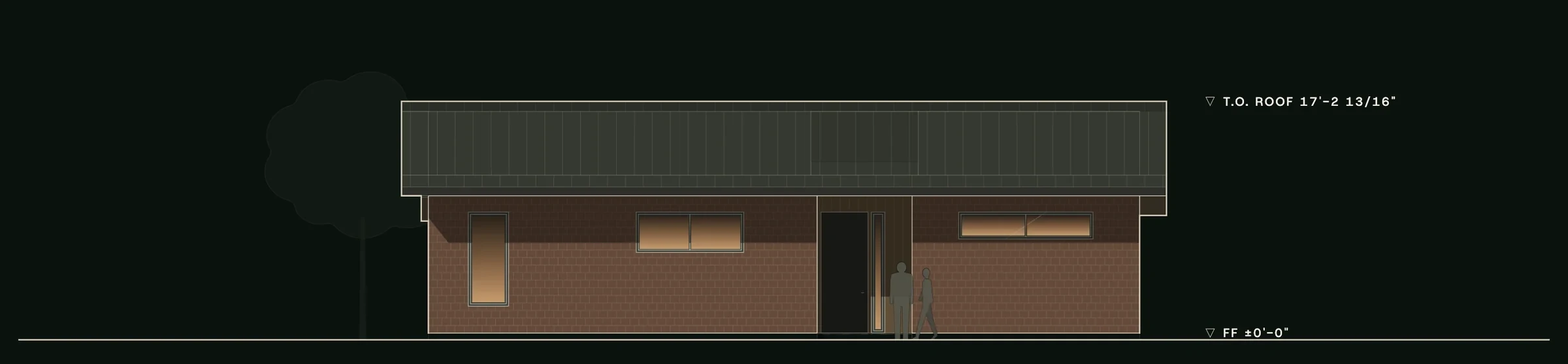Front (north) elevation of The Collins: the arrival side, muted clay brick under the long low roof, with high window ribbons, one tall slot window and a timber-lined entry.