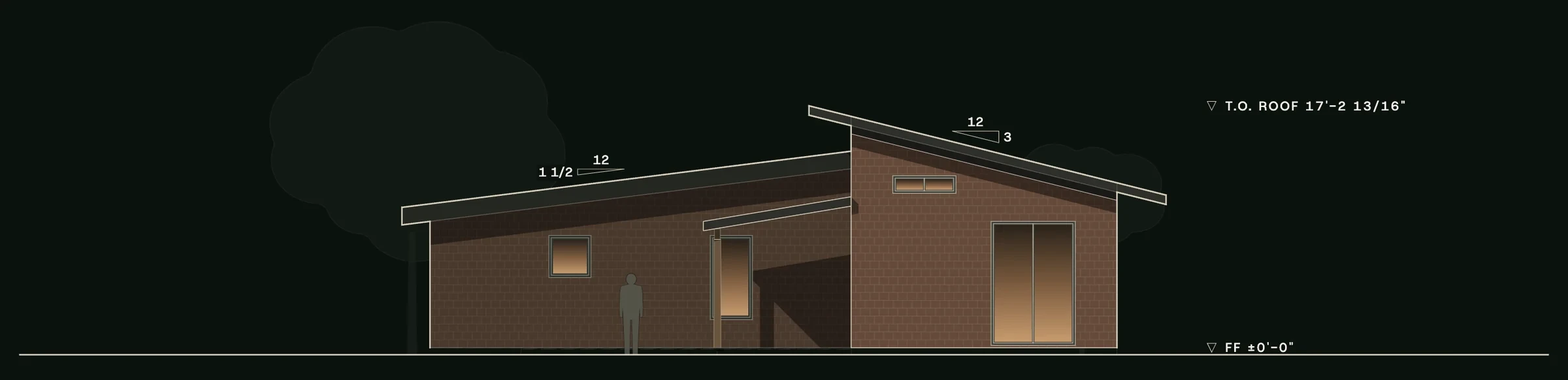 Left (east) elevation of The Collins: the 3:12 living-wing roof rising above the 1 1/2:12 bedroom wing, with a high window over tall glass doors.