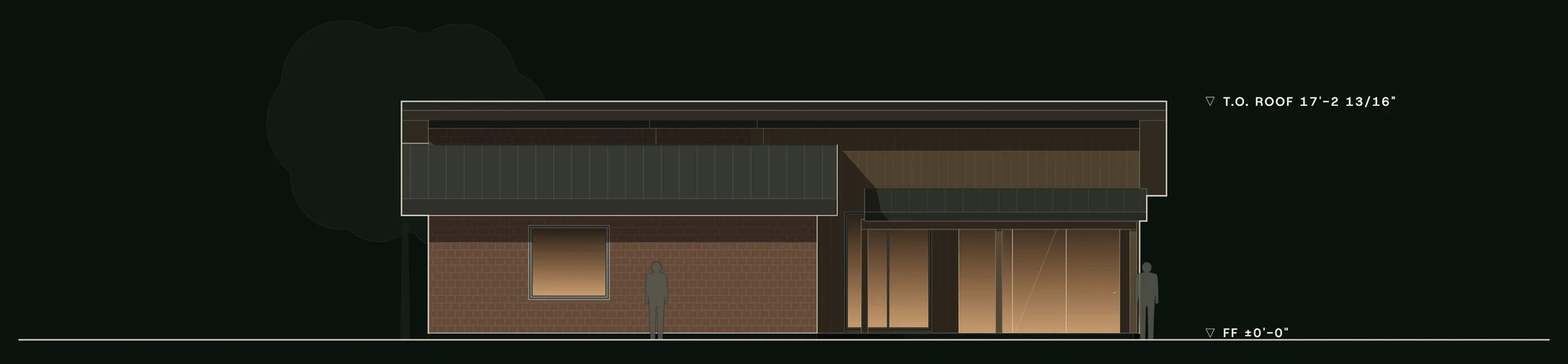 Rear (south) elevation of The Collins: the garden side, with a wide window in the brick wing and the living wing's glass doors under the garden shelter.
