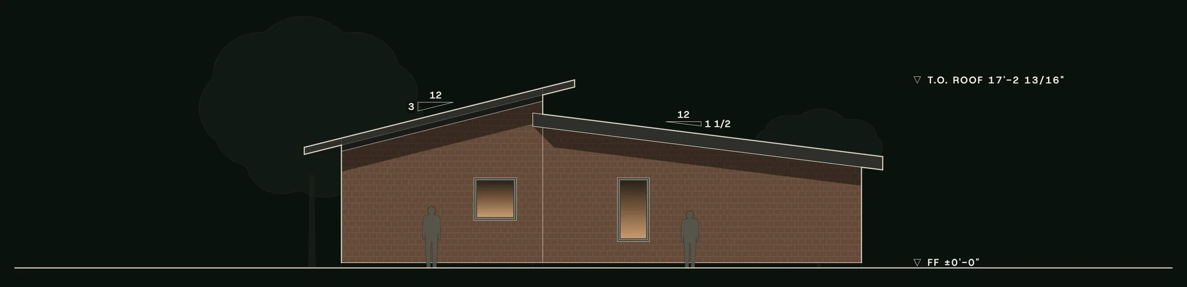 Right (west) elevation of The Collins: the 3:12 and 1 1/2:12 roofs stepping over muted clay brick walls with two windows.