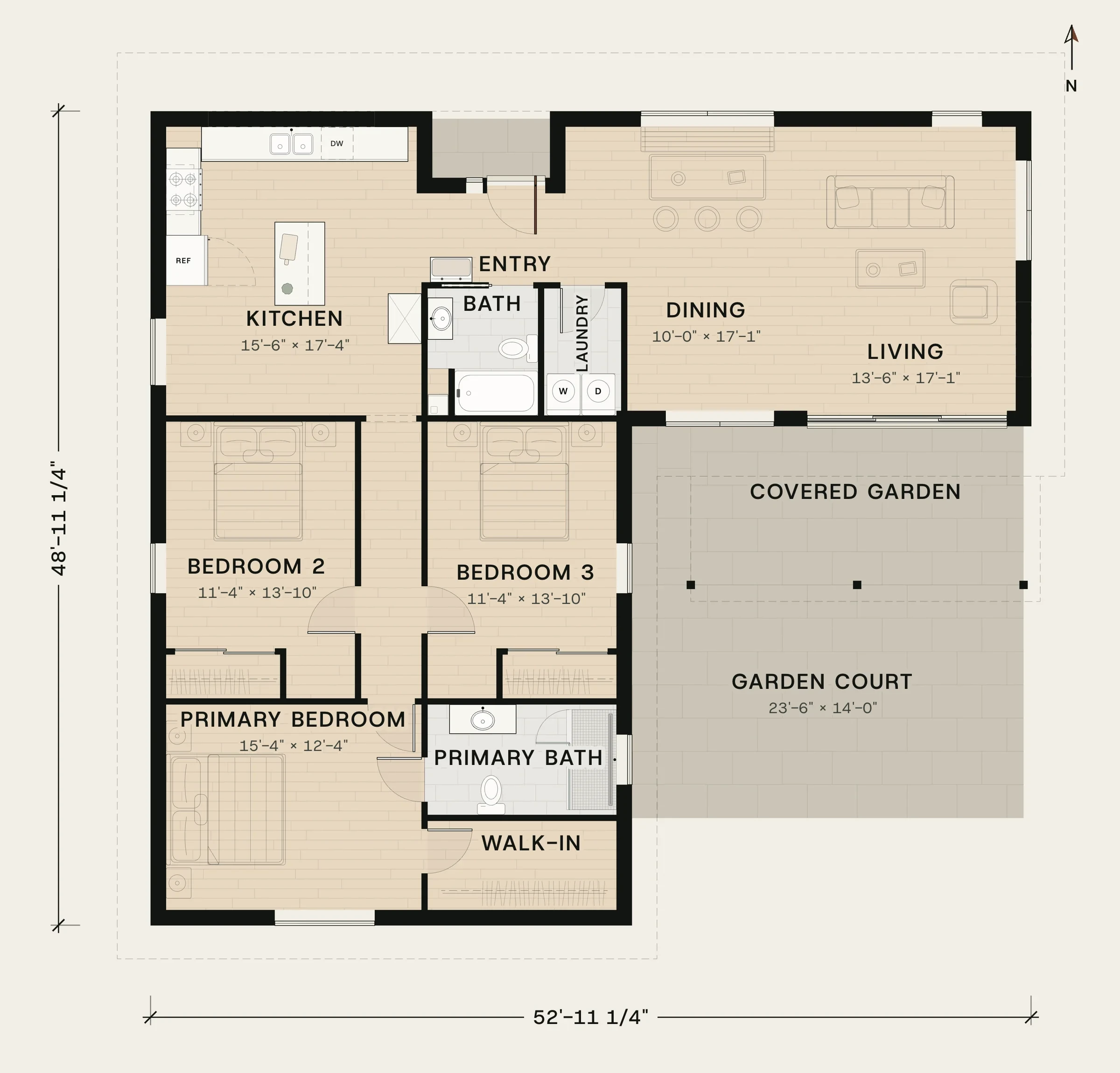 Floor plan of The Collins: 1,842 sq ft, 3 bedrooms, 2 baths, 52'-11 1/2" wide by 48'-11 1/2" deep, around a 24 × 24 ft garden court.