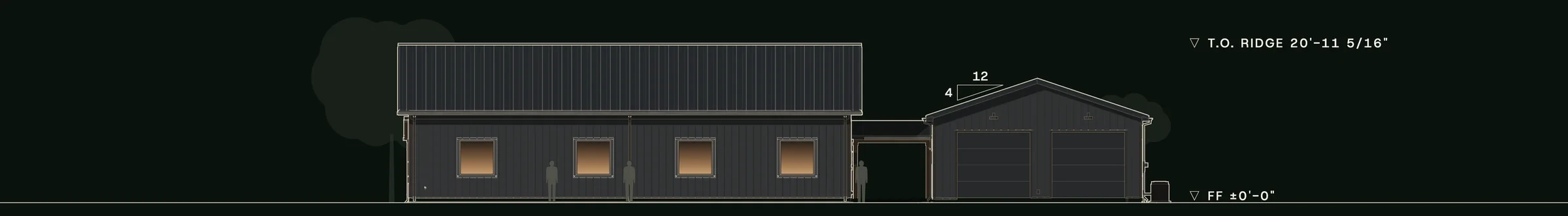 Front (south) elevation of Crosswind: the house, the open breezeway and the two-car garage gable.