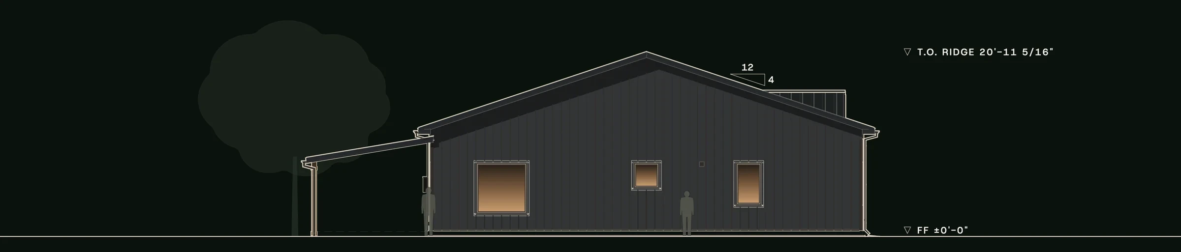Left (west) elevation of Crosswind: the house's 4:12 gable end with three windows, and the living porch roof.