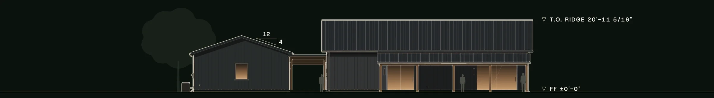 Rear (north) elevation of Crosswind: the living porch across the back of the house, the breezeway and the garage.