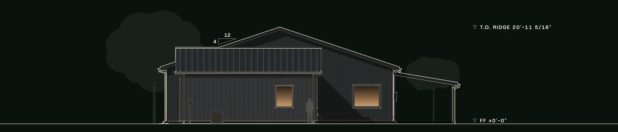 Right (east) elevation of Crosswind: the garage's side wall in front of the house gable.