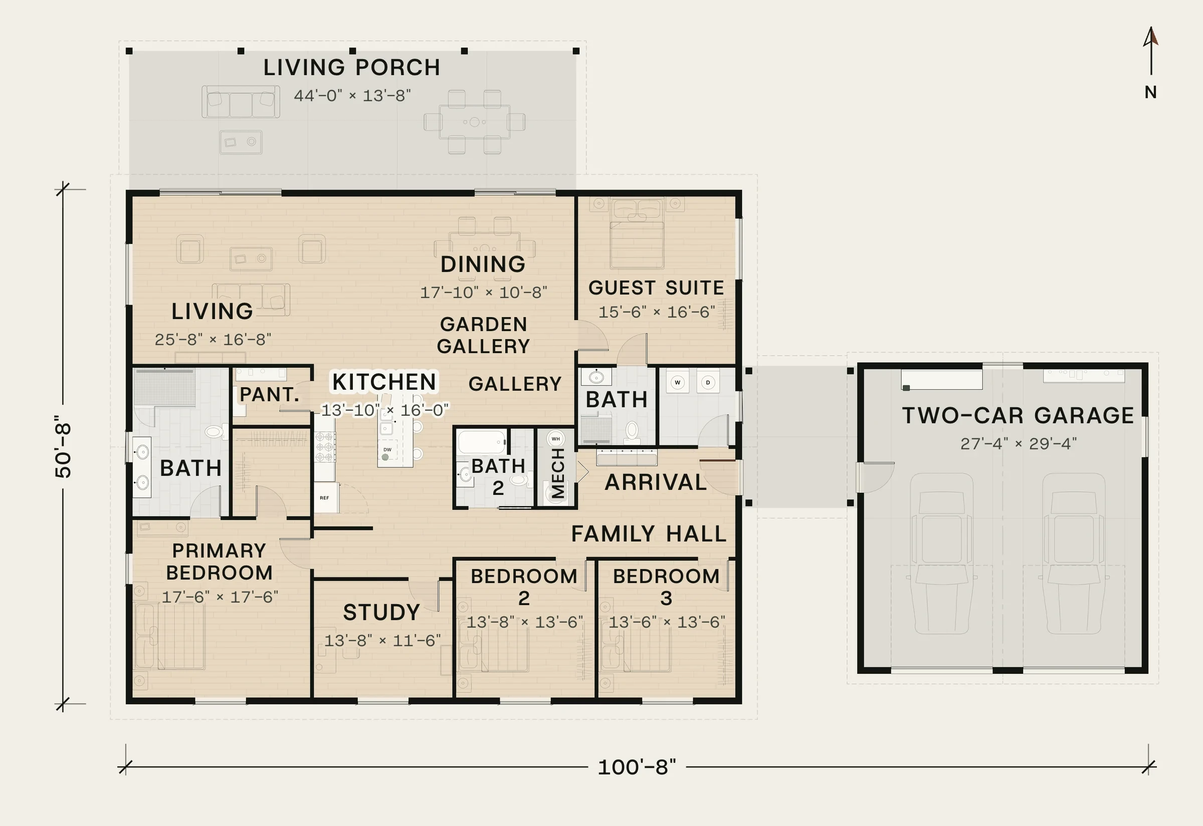 Floor plan of Crosswind: 3,074 sq ft, 4 bedrooms, 3 baths, a study, a 44-foot living porch, and a two-car garage joined by a breezeway.