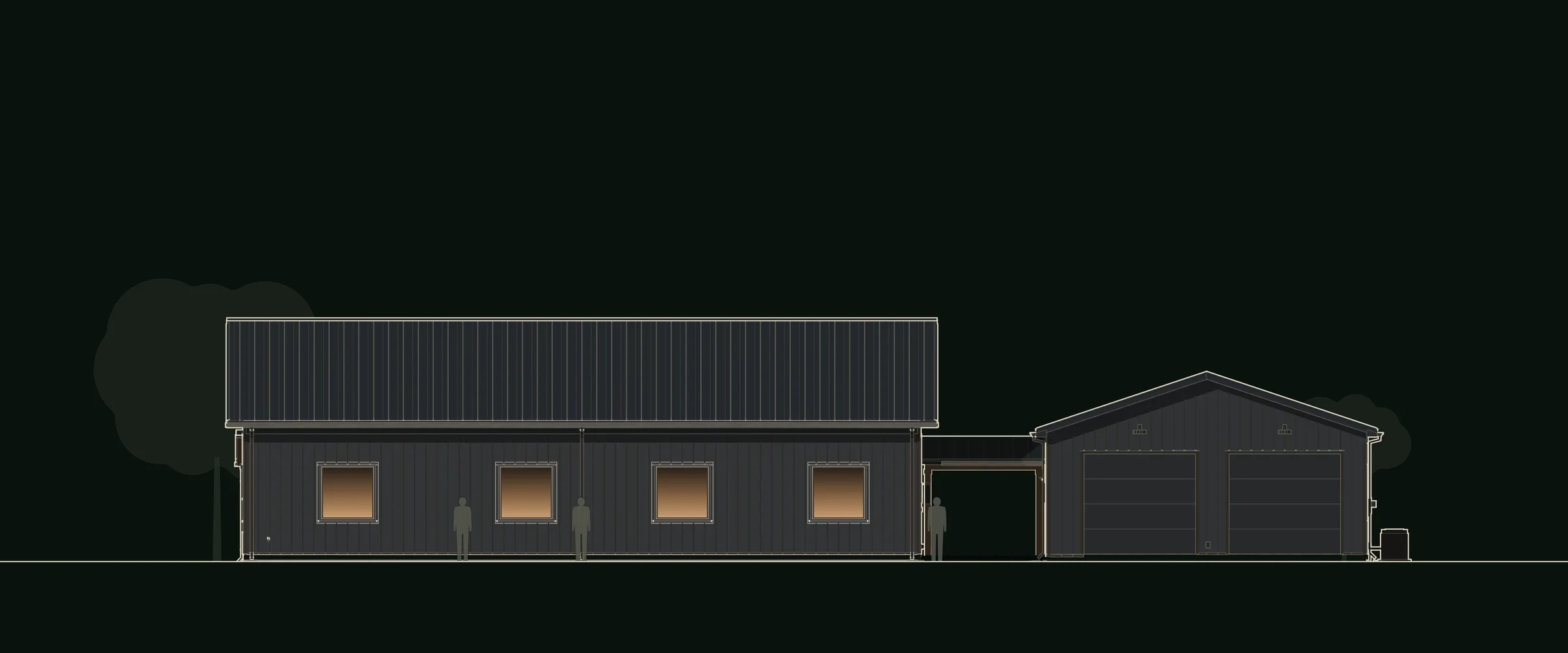 Front elevation drawing of Crosswind: a long graphite metal house under a dark 4:12 standing-seam roof, an open breezeway and a two-car garage gable. Crosswind, a barndominium plan by House of KNA.