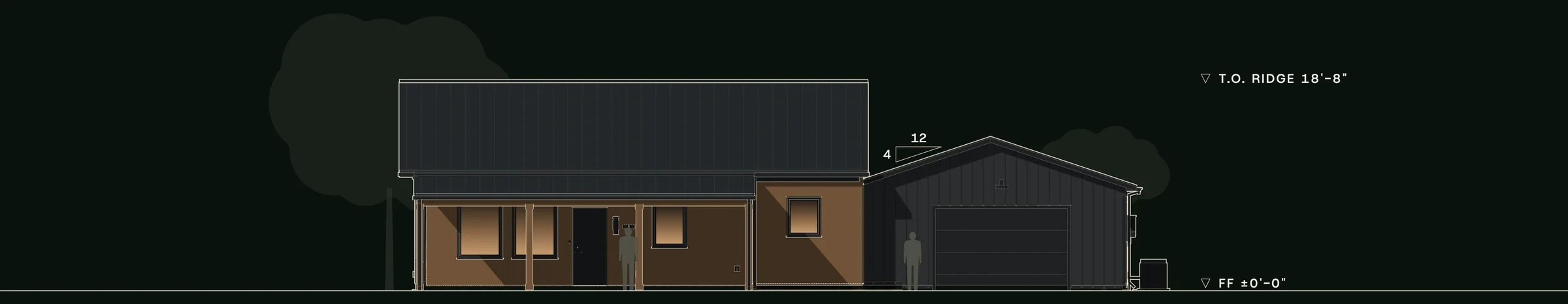 Front (south) elevation of Forge: the cedar porch front under the 6:12 roof and the lower shop gable with its overhead door.