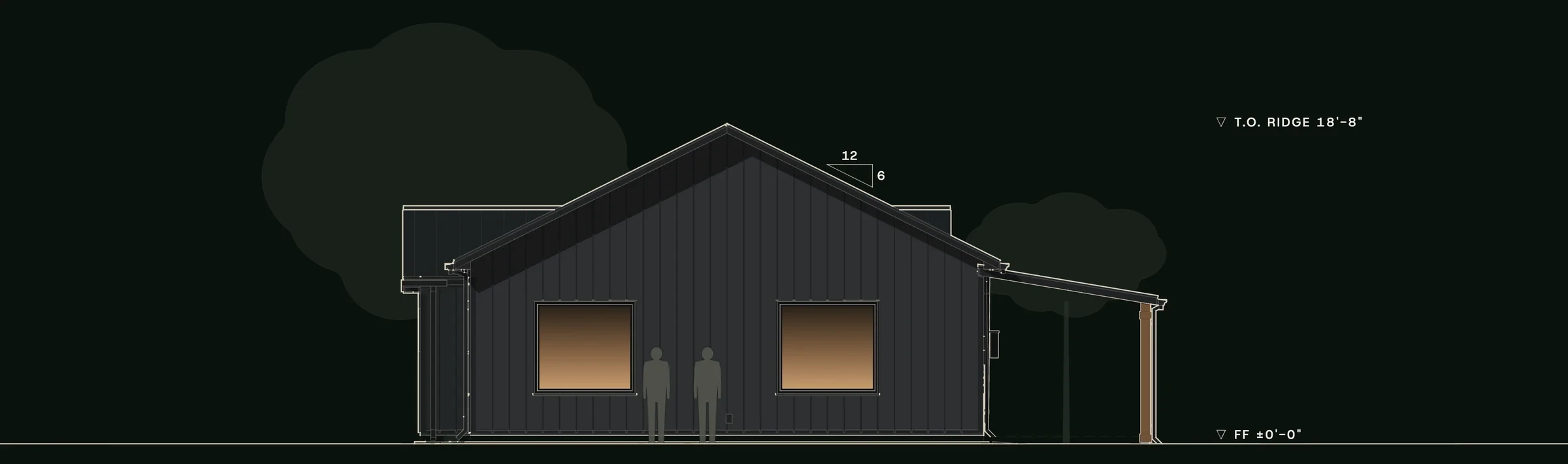 Left (west) elevation of Forge: the 6:12 gable end in charcoal metal with two wide windows, and the porch roof.