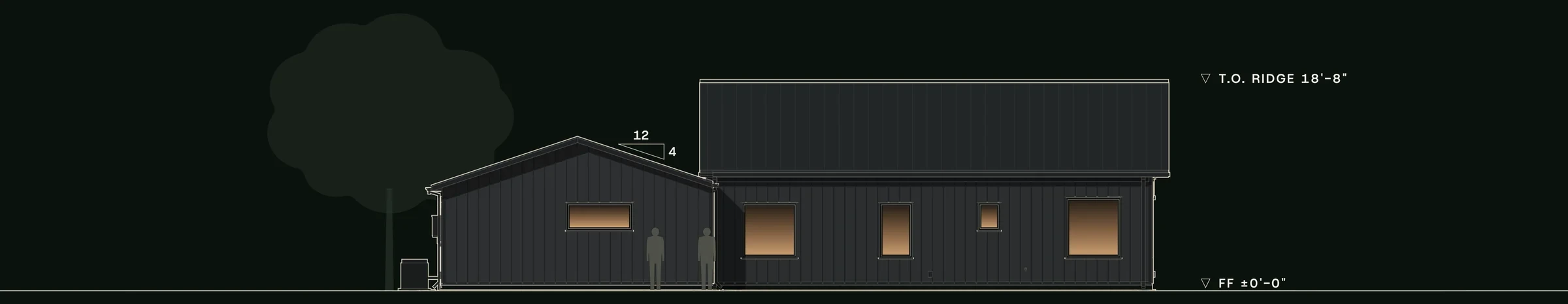 Rear (north) elevation of Forge: charcoal metal walls, the shop gable and a row of house windows under the main roof.
