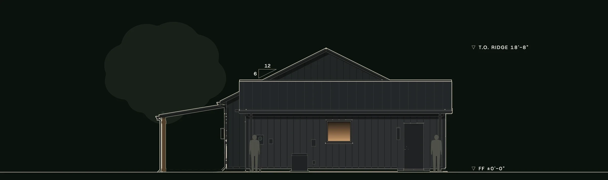 Right (east) elevation of Forge: the shop's side wall with its door and window, the main gable rising behind.