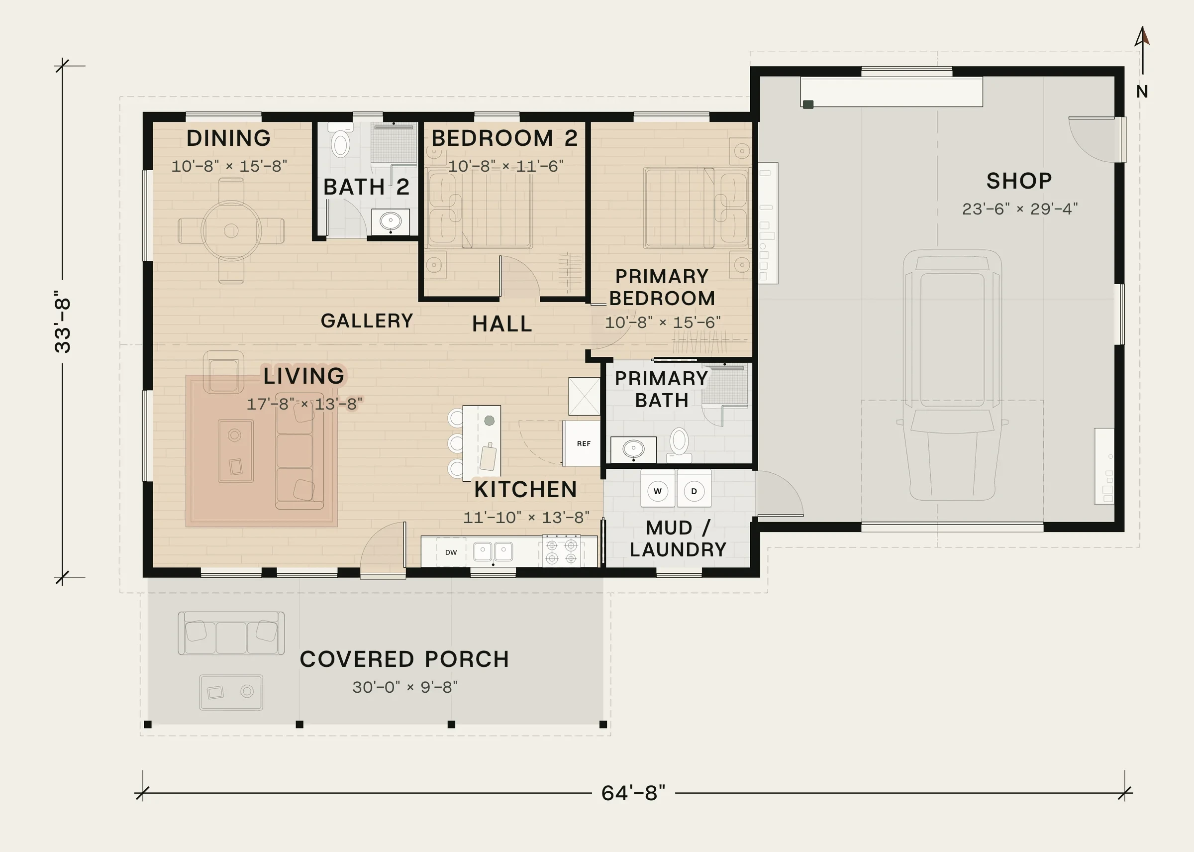 Floor plan of Forge: 1,247 sq ft, 2 bedrooms, 2 baths, with a 24 × 30 ft attached shop and a 30-foot covered porch.