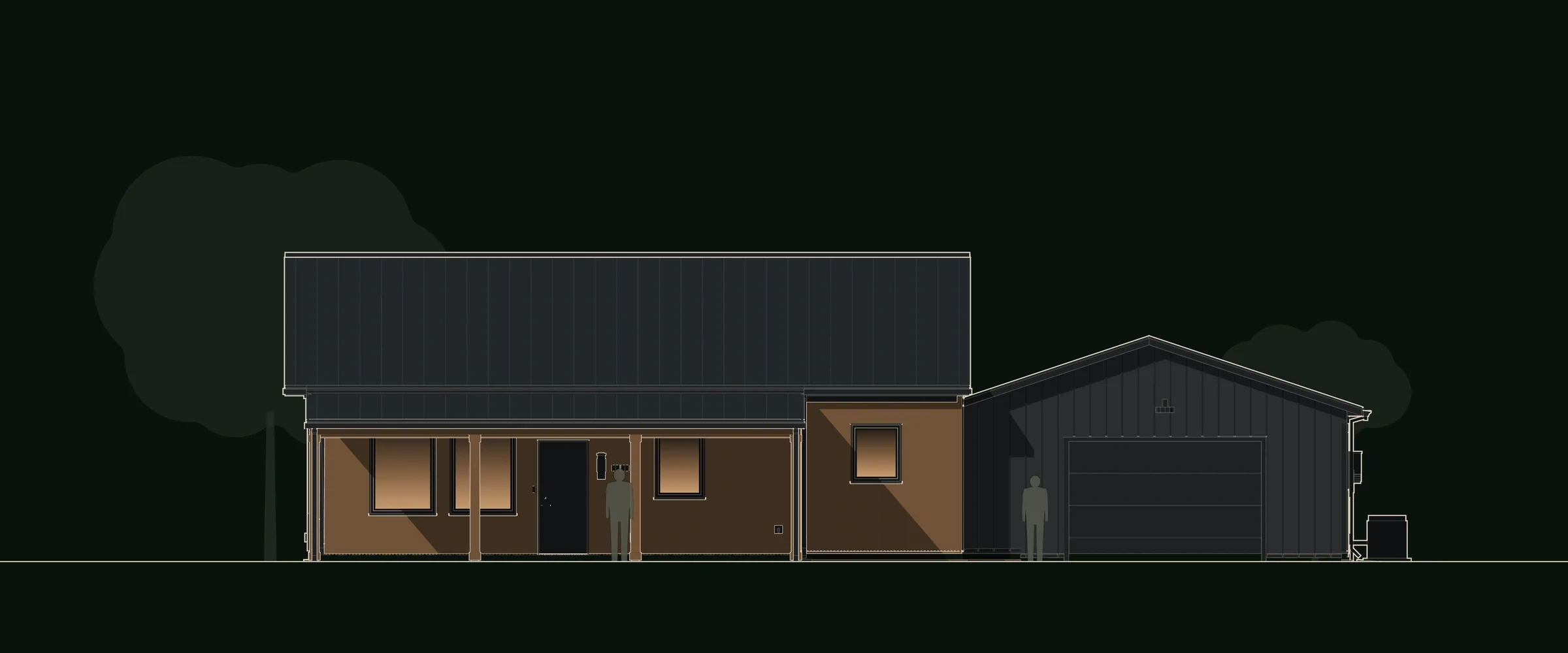 Front elevation drawing of Forge: a cedar-faced house with a front porch under a charcoal 6:12 standing-seam roof, beside a lower charcoal metal shop gable with its overhead door. Forge, a barndominium plan by House of KNA.