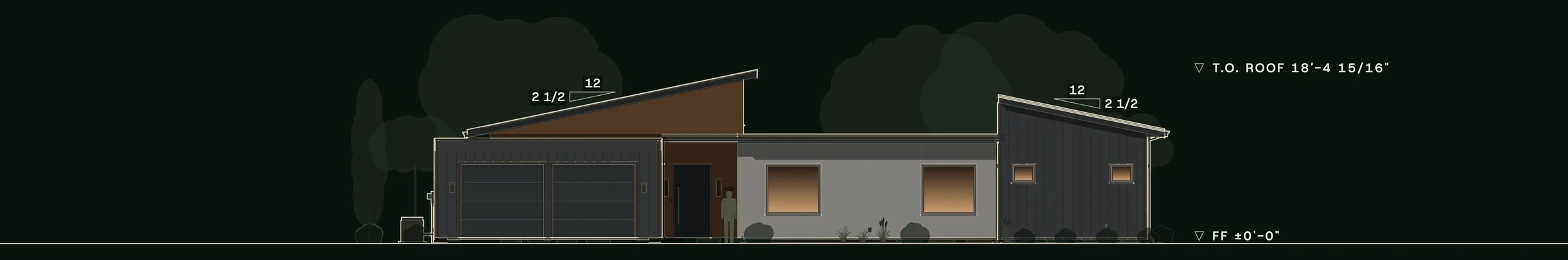 Front (south) elevation of The Harpeth: the garage, the cedar entry, the plaster bedroom wing and the metal primary suite under low shed roofs.