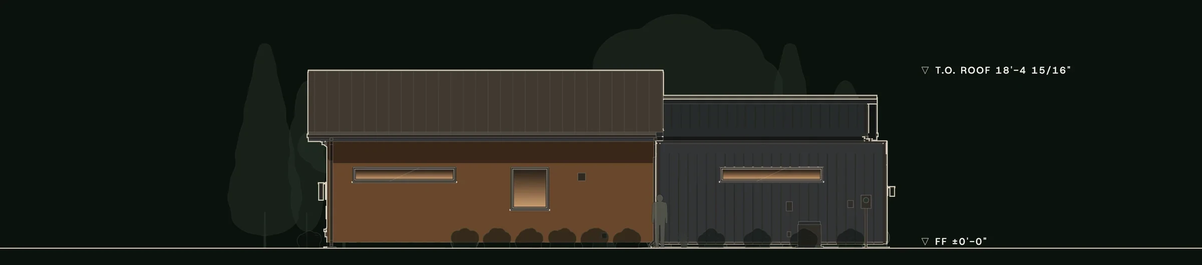 Left (west) elevation of The Harpeth: the cedar great room and the dark metal garage side by side, each with a long high window.