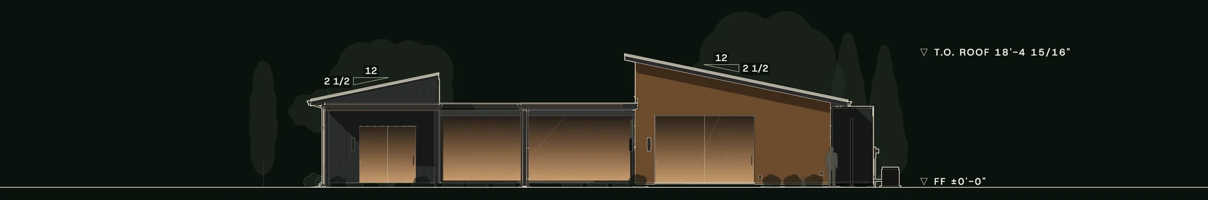 Rear (north) elevation of The Harpeth: the court side, with glass walls along the gallery and tall glass doors in the cedar great room.