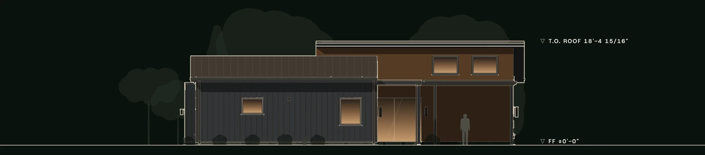 Right (east) elevation of The Harpeth: the dark metal primary suite and the cedar great room's upper windows above the covered terrace.