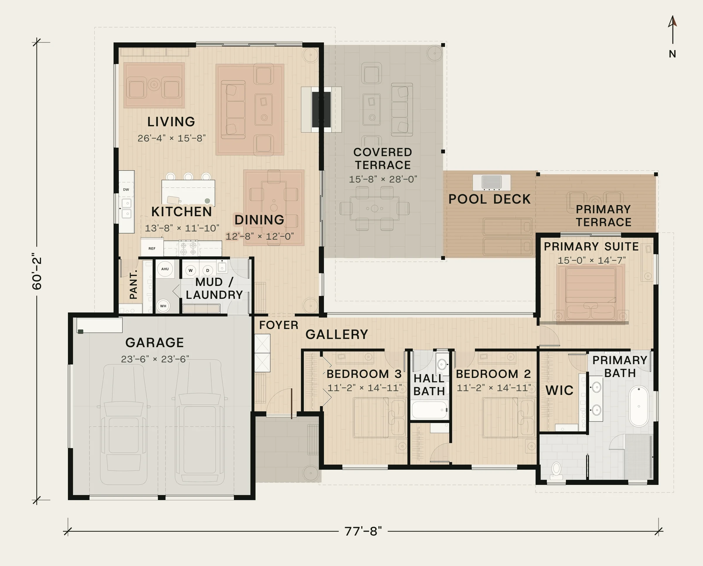 Floor plan of The Harpeth: 2,242 sq ft, 3 bedrooms, 2 baths, a 2-car garage and a court with a lap pool, 77'-8" wide.