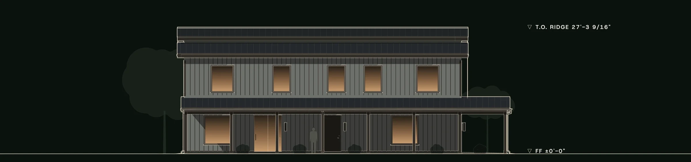 Front (south) elevation of Haycrest: light gray vertical metal walls, the deep porch across the ground floor and around the east corner, the upper windows and the monitor roof.