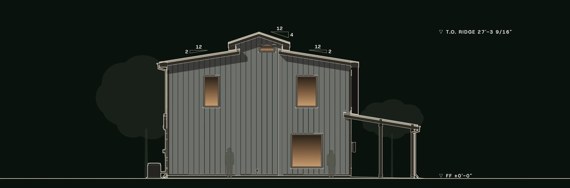 Left (west) elevation of Haycrest: the monitor rising over the 2:12 side roofs, with its high window, and the porch roof.