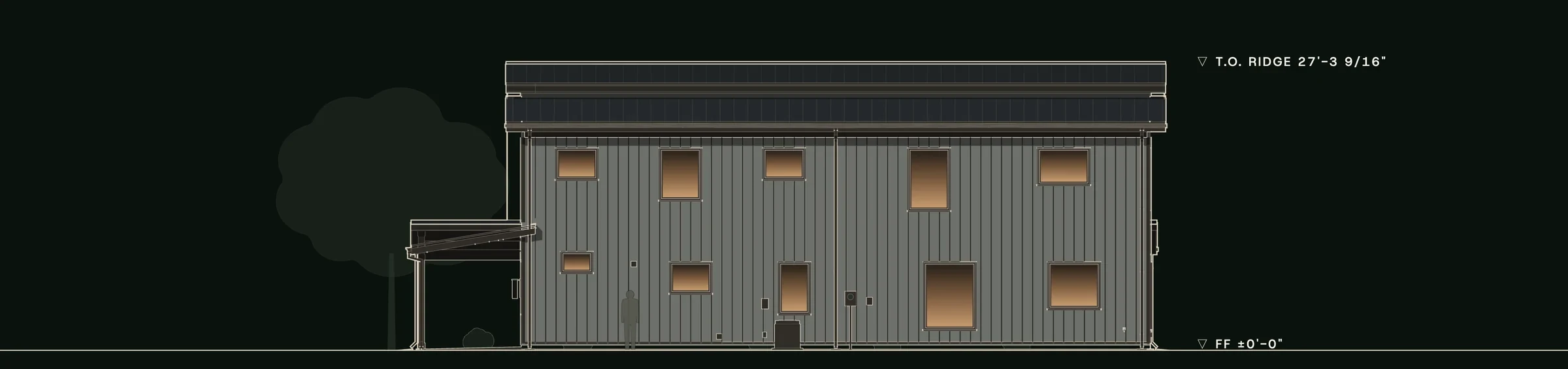Rear (north) elevation of Haycrest: two floors of windows under the monitor roof.