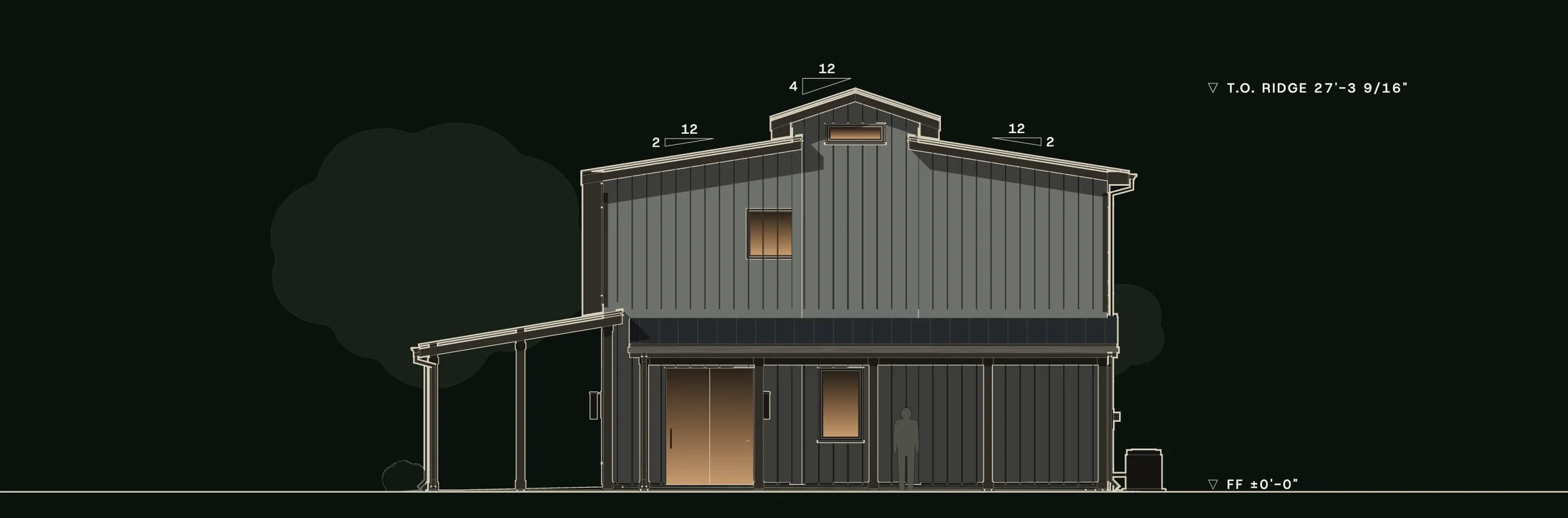 Right (east) elevation of Haycrest: the monitor gable end and the porch along the east side.
