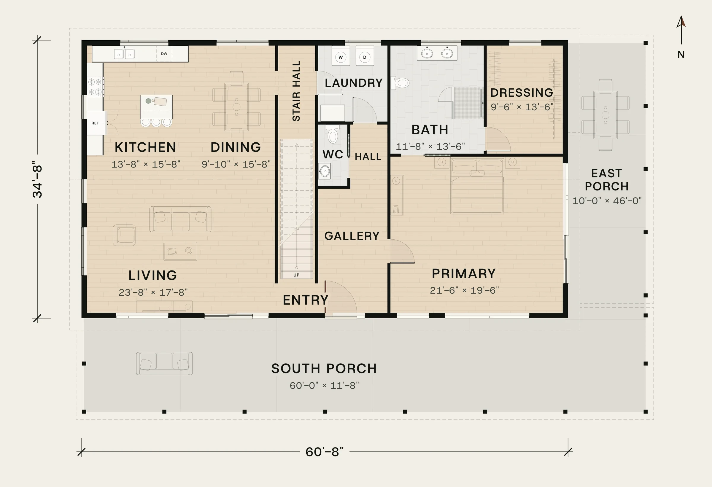 Ground floor plan of Haycrest: the kitchen, dining and living room, the stair, and the primary suite, with the south and east porches.