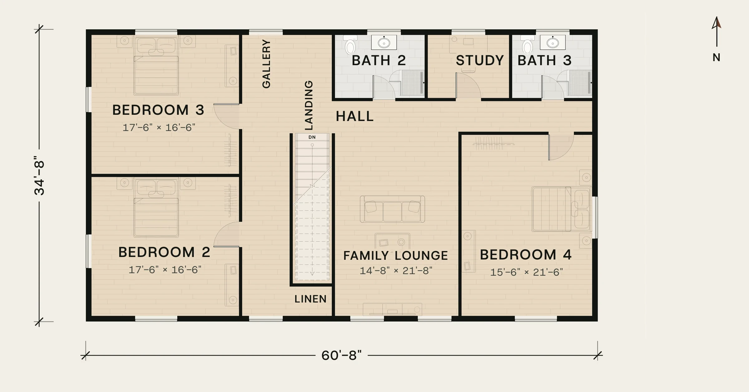 Upper floor plan of Haycrest: three bedrooms, a family lounge, a study and two baths off one hall.