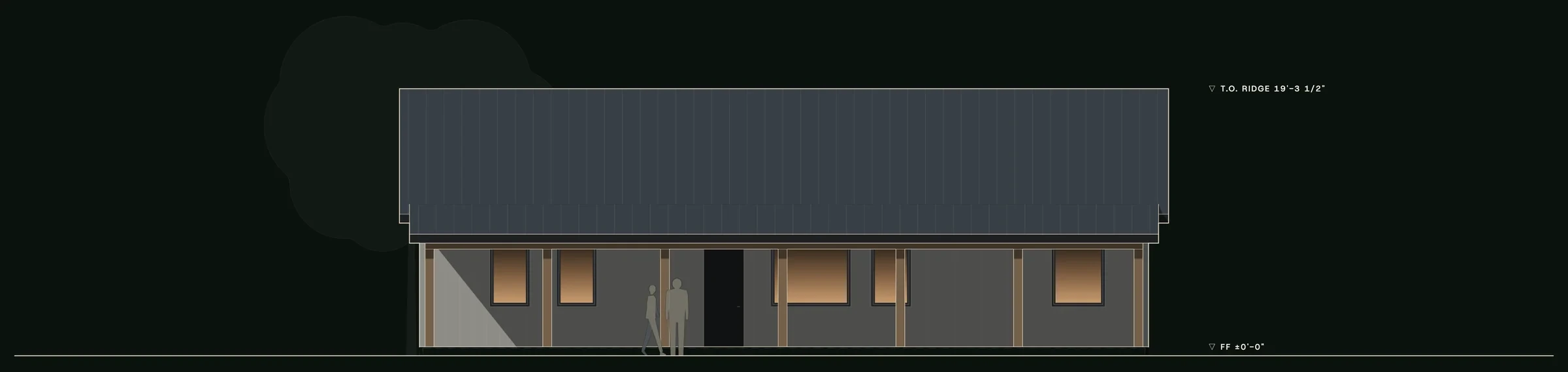 Front (south) elevation of The Porch House: the full-length covered porch and its dark painted posts. Drawn from the canonical model.