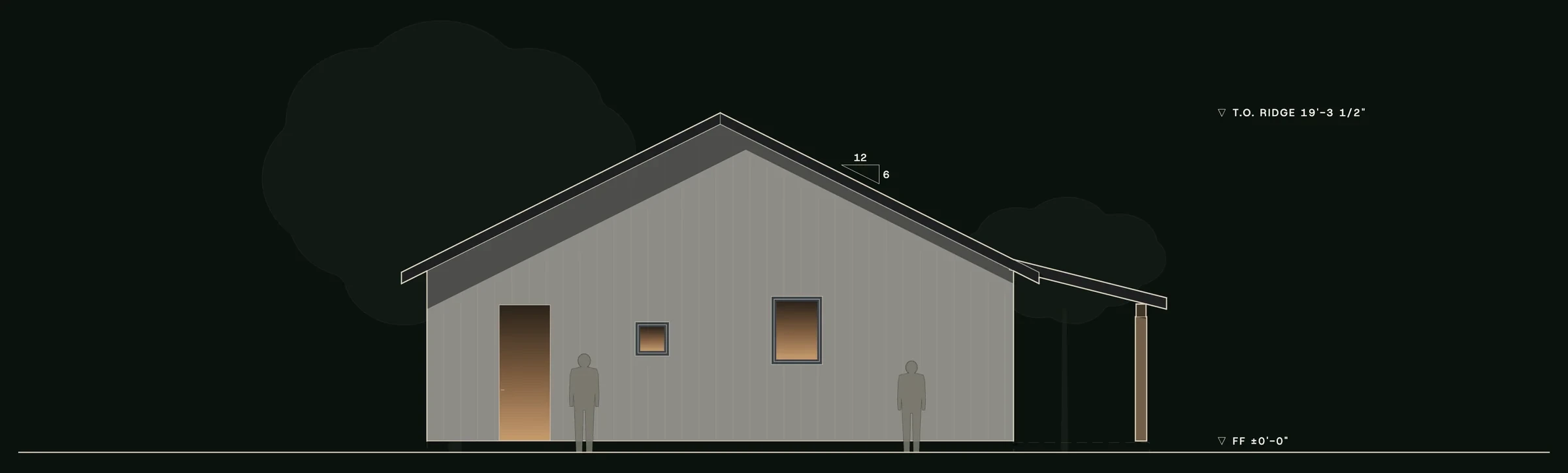 Left (west) elevation of The Porch House: the gable end, primary suite windows and side service entry. Drawn from the canonical model.