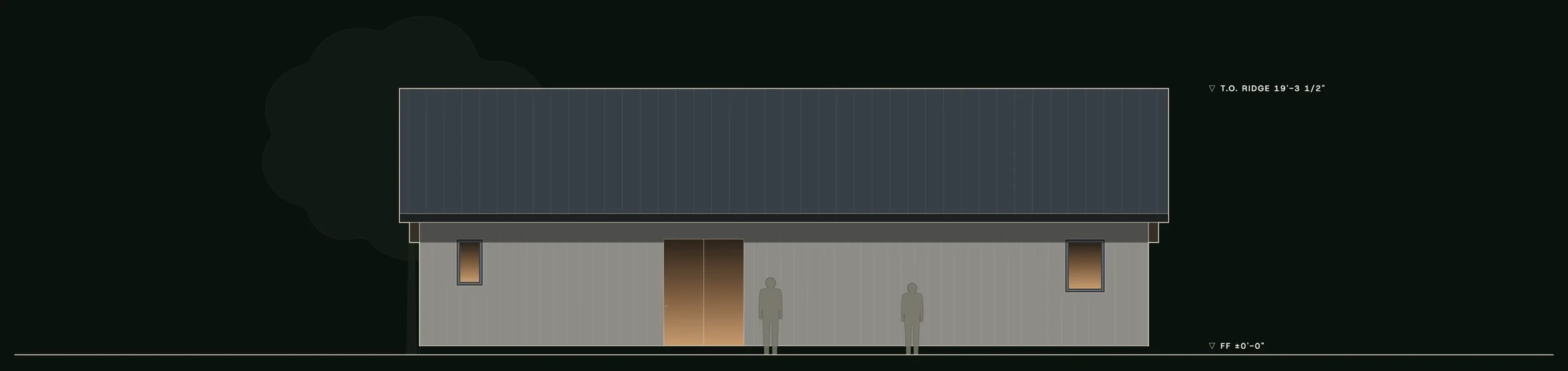 Rear (north) elevation of The Porch House: the kitchen and dining side beneath the long gable roof. Drawn from the canonical model.