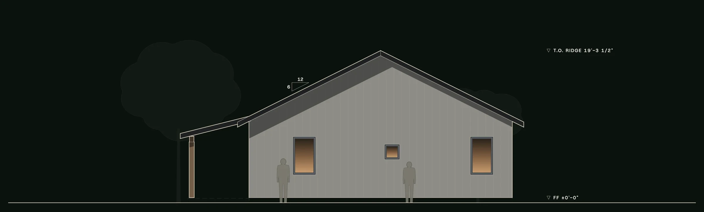 Right (east) elevation of The Porch House: the gable end and the secondary bedroom wing. Drawn from the canonical model.