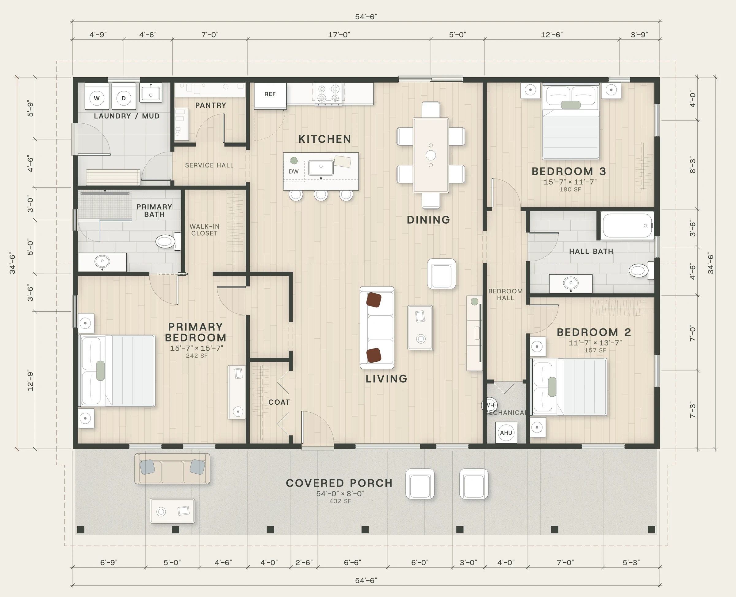 Floor plan of The Porch House: 1,880 sq ft, three bedrooms, two baths, a central living room and a 54 by 8 foot covered porch.