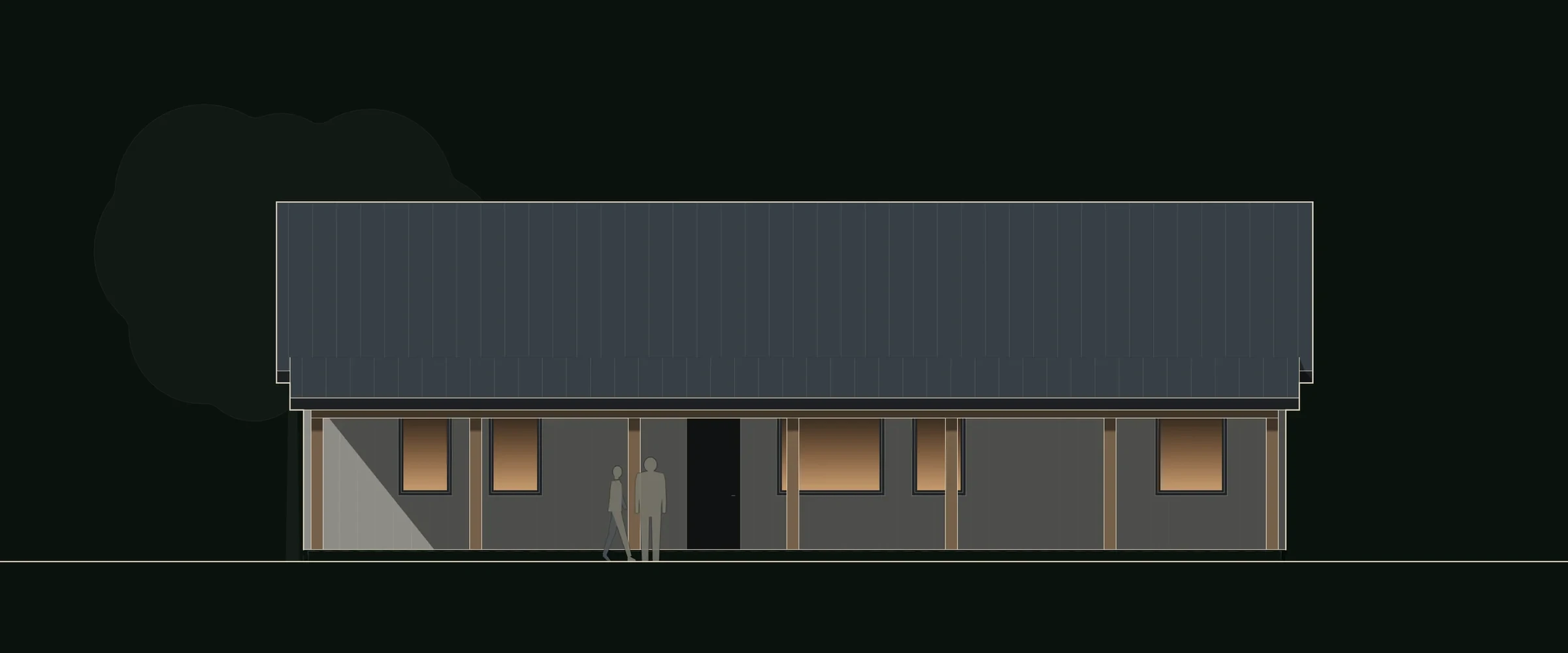 Front elevation drawing of The Porch House: warm off-white board-and-batten walls, a charcoal gable roof and a full-length covered porch with dark painted posts. An original House of KNA design for Middle Tennessee Metals.