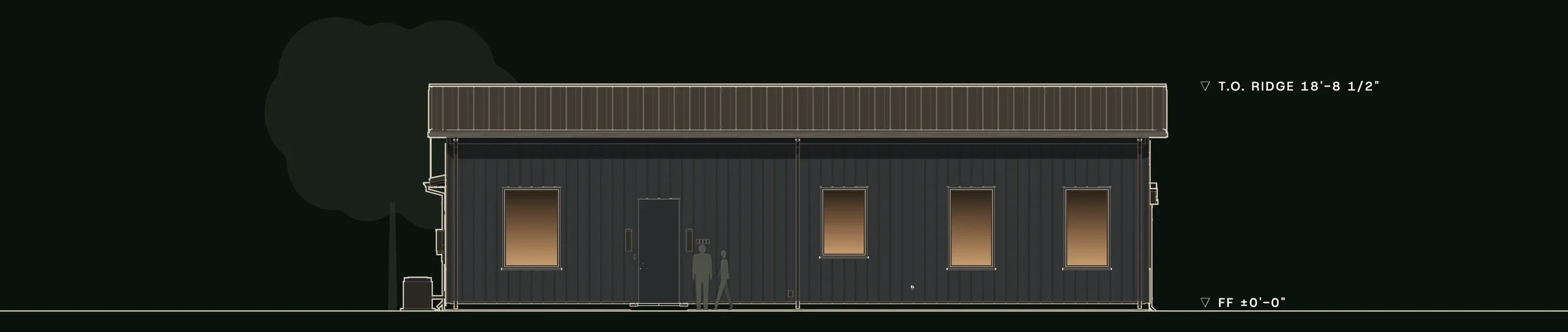 Front (south) elevation of Stillwater: the dark metal gathering bar, its entry door and tall windows.