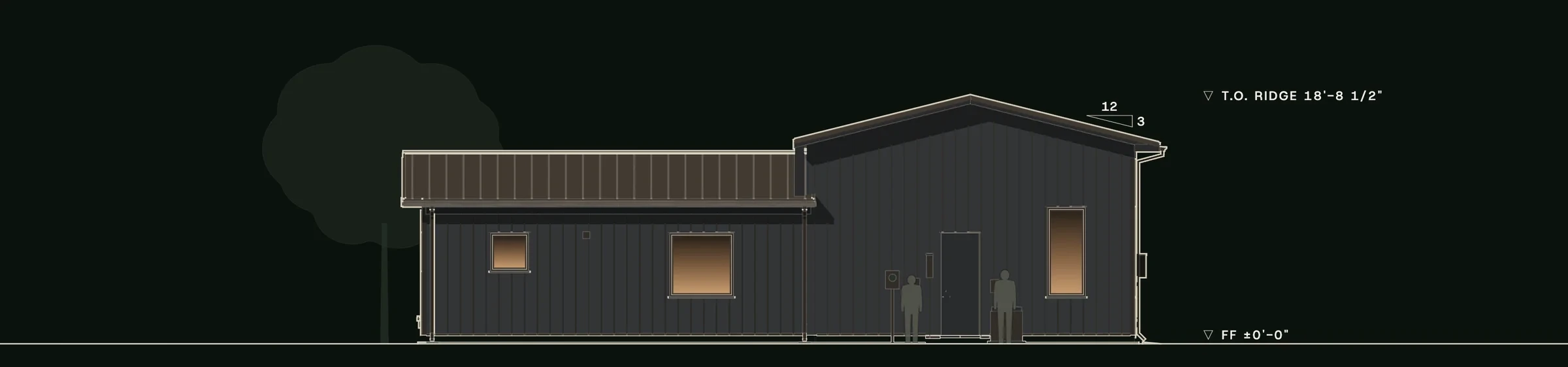 Left (west) elevation of Stillwater: the bedroom wing's long side and the gathering bar's gable end with a side door.