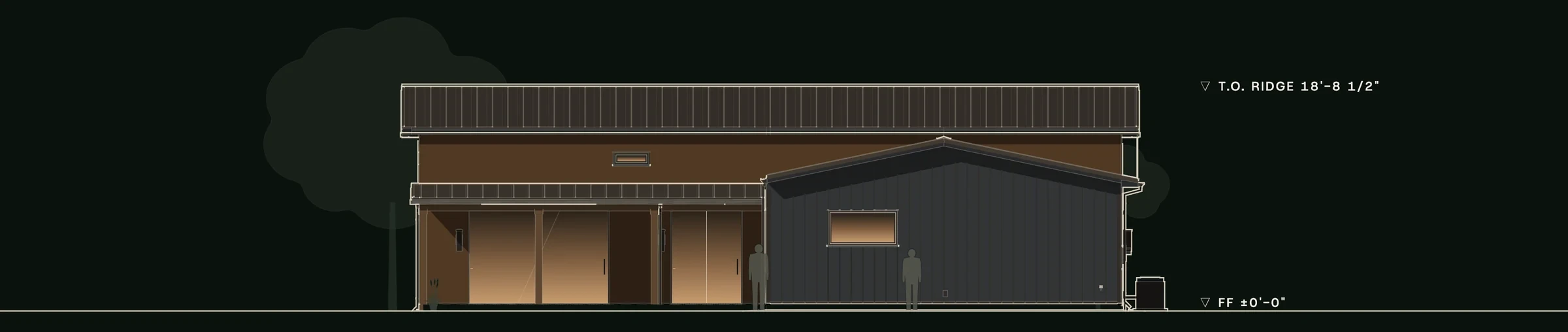 Rear (north) elevation of Stillwater: the courtyard side, with glass doors under the covered porch, the timber wall above and the bedroom wing's gable.