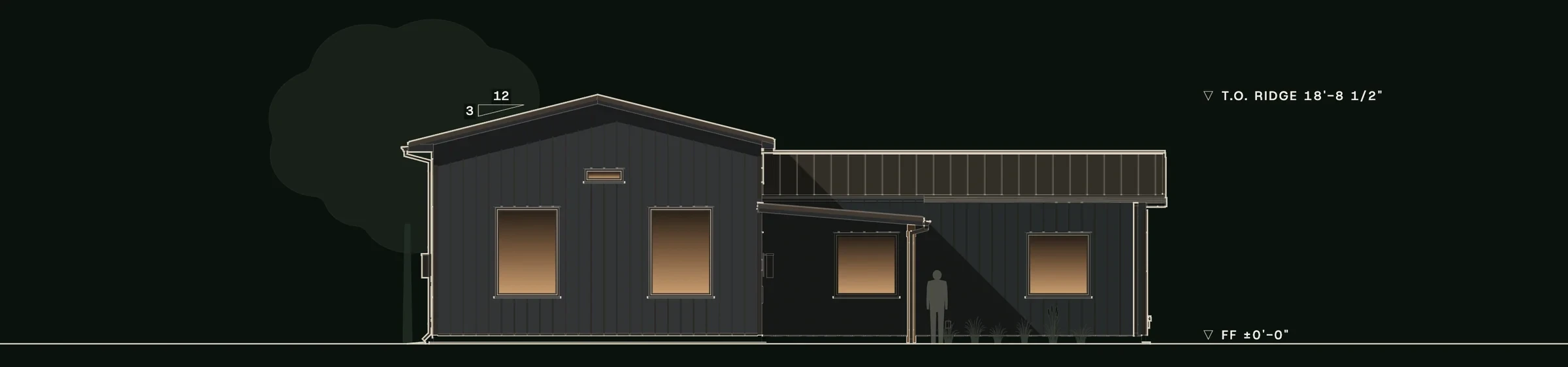 Right (east) elevation of Stillwater: the gathering bar's gable end and the bedroom wing beside the court.